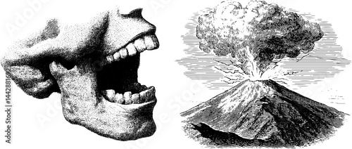 Engraved illustration of anger and exploding volcano with expressive art design