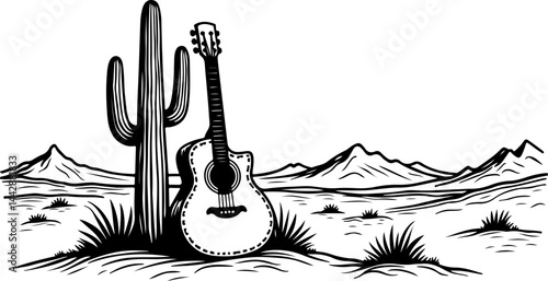 Acoustic Guitar Leaning on Cactus in Desert vector design