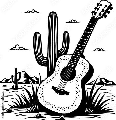 Acoustic Guitar Leaning on Cactus in Desert vector design