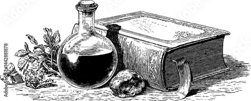 Vintage alchemy scene with alchemist tools and potion vial for historical design
