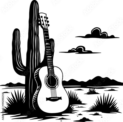 Acoustic Guitar Leaning on Cactus in Desert vector design