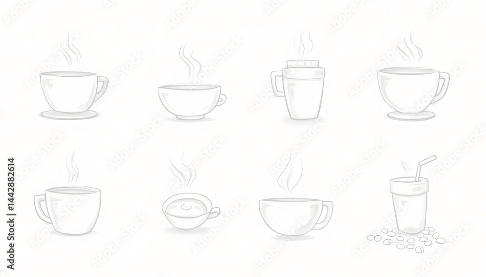 A Variety of Steaming Beverages: An assortment of meticulously drawn cups and glasses, each exuding wisps of vapor, hints at the comforting aroma and the perfect beverage for any moment. A Variety of Steaming Beverages: An assortment of meticulously drawn cups and glasses, each exuding wisps of vapor, hints at the comforting aroma and the perfect beverage for any moment.