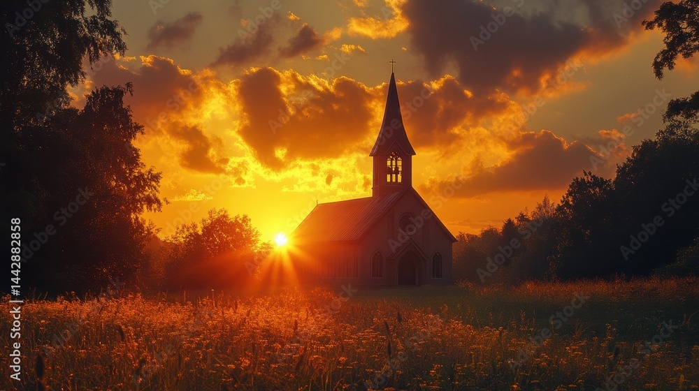 Obraz premium Sunset behind church silhouette in tranquil field with dramatic clouds
