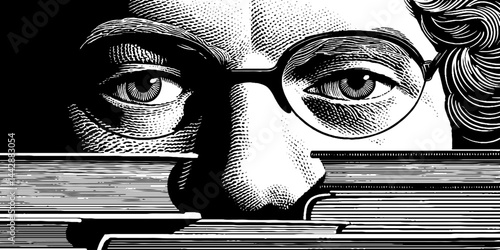 Engraved illustration of librarian with stack of books perfect for literary designs