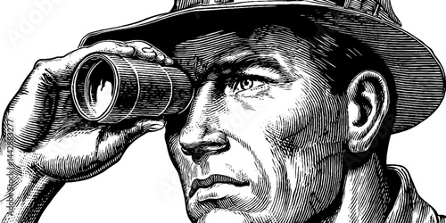 Engraved illustration of a park ranger with binoculars. Vintage sketch featuring detailed wilderness observation