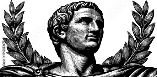Engraved bust of roman emperor with laurel leaves for historical design