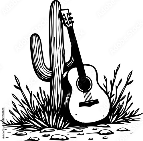 Acoustic Guitar Leaning on Cactus in Desert vector design