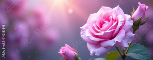 Dreamy lilac and rose blooms, gentle blur effect, flowers, leaves