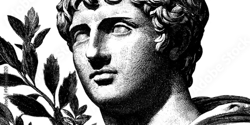 Classical bust of roman emperor with laurel leaves engraved illustration