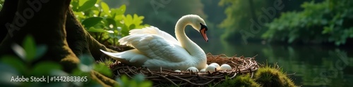 Large white swan brooding over clutch of eggs in secluded nest , pond, habitat, swan