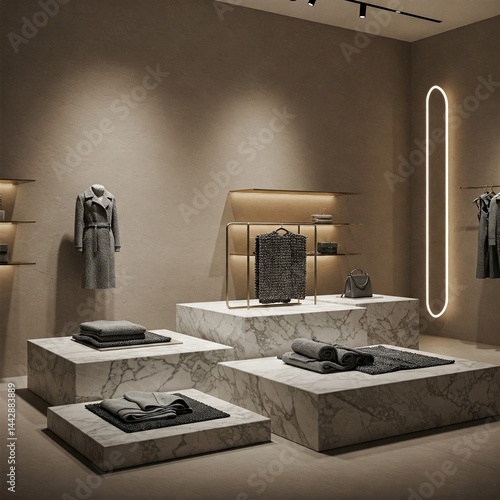 A luxury fashion boutique interior with elegant lighting, showcasing monochrome high-end accessories and textile textures on marble platforms, ultra-realistic style