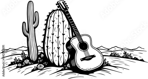 Acoustic Guitar Leaning on Cactus in Desert vector design
