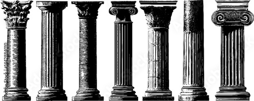Engraved illustration set of ancient greek columns for historical design