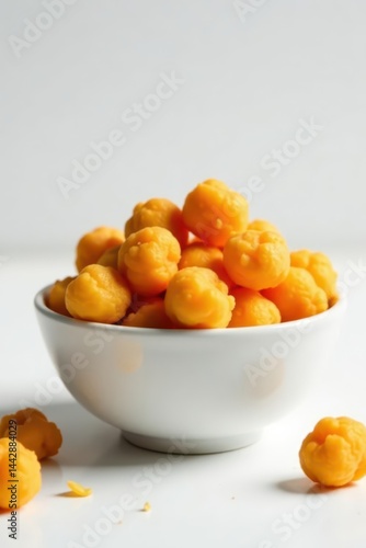 Orange snack puffs in a ceramic bowl, white backdrop, eat, orange hue
