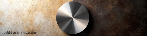 Circular brushed steel plate; contrasting light/dark halves; textured brown/white background , shiny, abstract