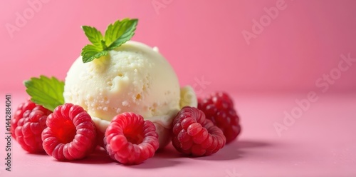 Creamy vanilla ice cream, vibrant raspberries & mint , berry dessert, food, summer dessert