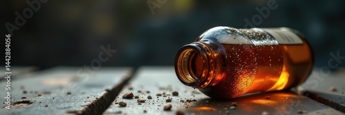 Shattered brown beer bottle, sharp edges, concrete Shallow depth of field , hazard, high contrast, recycle