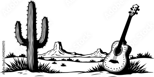 Acoustic Guitar Leaning on Cactus in Desert vector design