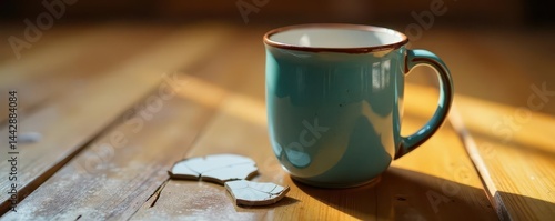 Cracked ceramic mug, broken handle on hardwood floor, drink, ceramic, handle