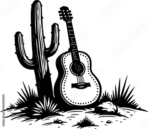 Acoustic Guitar Leaning on Cactus in Desert vector design