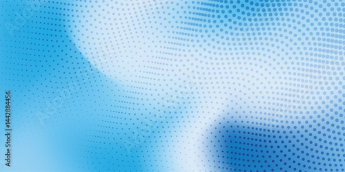 Abstract halftone background with wavy surface made of blue dots on white modern mesh background