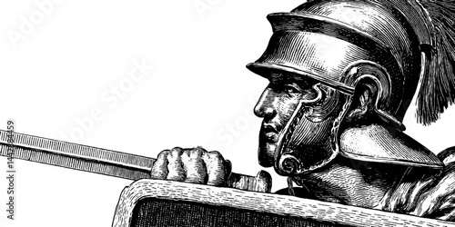 Engraved illustration of roman soldier statue for historical design and decor