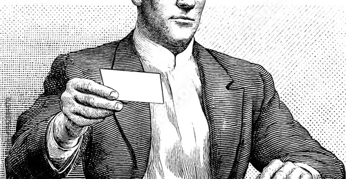 Engraved illustration of auctioneer holding card with gavel in hand