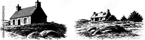 Engraved illustration of solitary countryside houses and rugged terrain