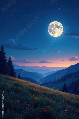 Serene moonlit field, stars, trees, rolling hills, full moon, night