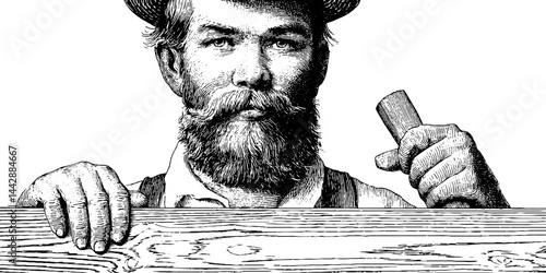 Vintage engraving of a skilled carpenter holding hammer for craftsmanship design