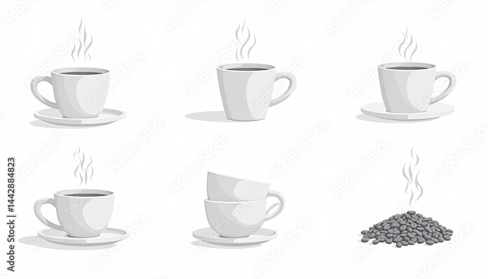 Coffee Cup Collection: A set of six illustrations showcasing steaming coffee cups and coffee beans, perfect for cafe menus or coffee-themed designs. Coffee Cup Collection: A set of six illustrations showcasing steaming coffee cups and coffee beans, perfect for cafe menus or coffee-themed designs.