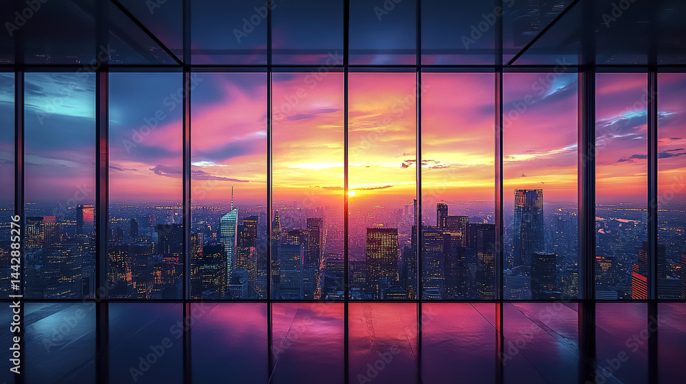 Fototapeta premium stunning view of city skyline sunset, showcasing vibrant colors reflecting through large windows