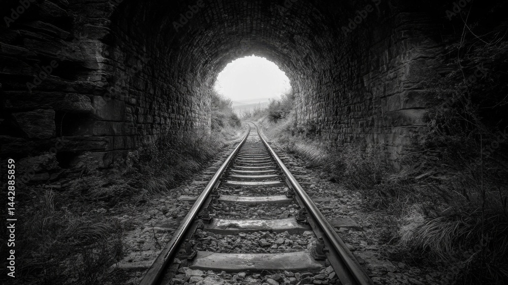 Fototapeta premium Surreal Abandonment: Decaying Railway Track in Shadowed Stone Tunnel with Glowing Exit Light