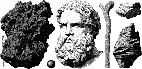 Engraved illustration of ancient sage bust with geometric elements for historical design