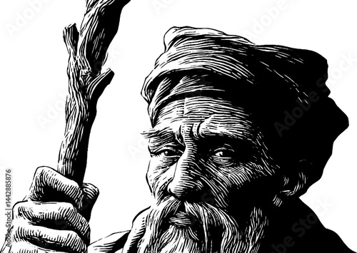 Engraved illustration of ancient sage bust with staff and phi symbol for art and design