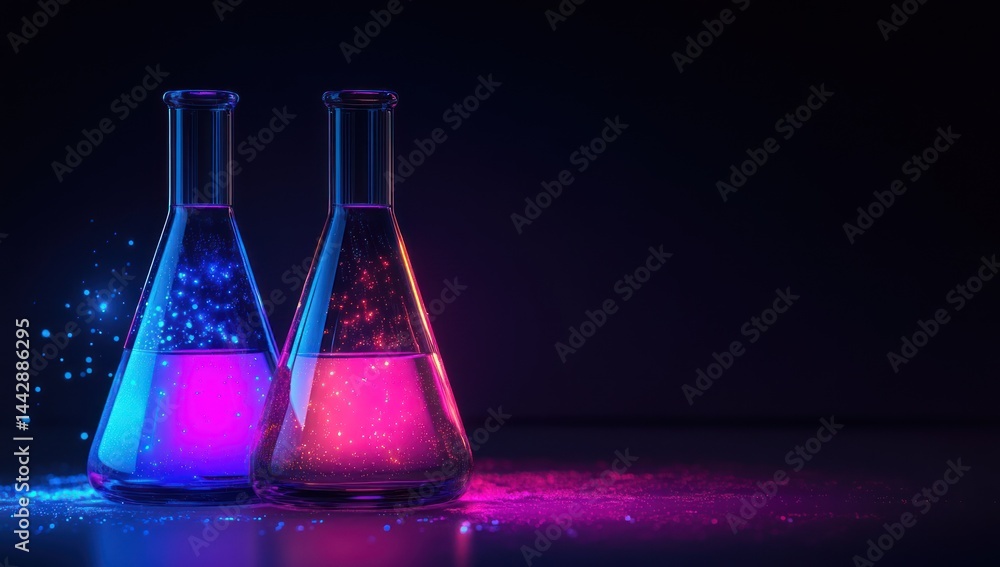 Neon Alchemy: Two Erlenmeyer Flasks Filled with Glowing, Sparkling Liquids, Set Against a Dark Background. Neon Alchemy: Two Erlenmeyer Flasks Filled with Glowing, Sparkling Liquids, Set Against a Dark Background.
