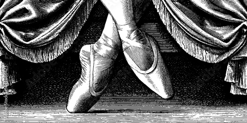 Intricate engraved illustration of ballet dancer's elegance and grace with ballet shoes