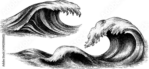 Engraved artistic depiction of ocean waves for serenity and calm inspired designs