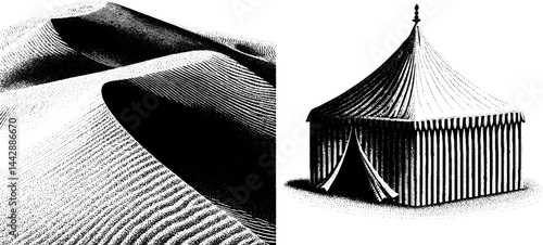 Engraved desert landscape with nomad tent illustration for print design