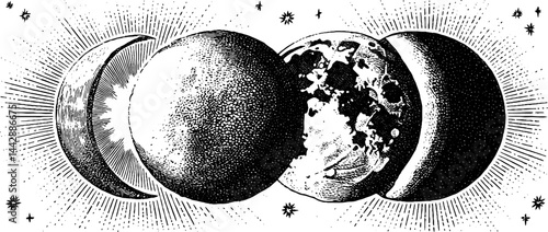 Engraved celestial moon phases illustration for mystical design and decor