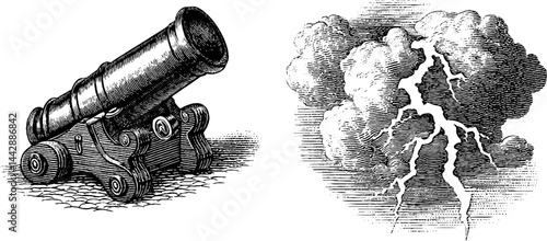 Vintage pirate cannon and lightning engraving set for nautical themes