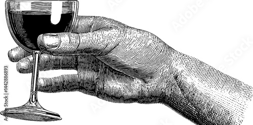 Engraved illustration of sommelier holding wine glass for culinary design projects