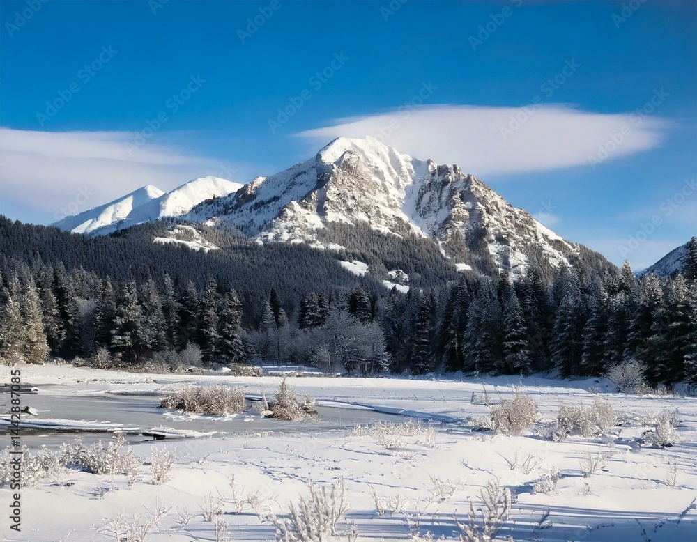 Fototapeta premium winter, mountain, snow, rising, wolf, landscape, nature, cold, scenic, white, sky, ice, frozen, peak, range, summit, wilderness, outdoors, panorama, view, frost, snowy, alpine, season, hill, top, blue
