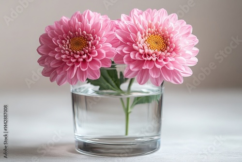 Wallpaper Mural Two pink chrysanthemums are displayed in a small glass filled with fresh clear water Torontodigital.ca