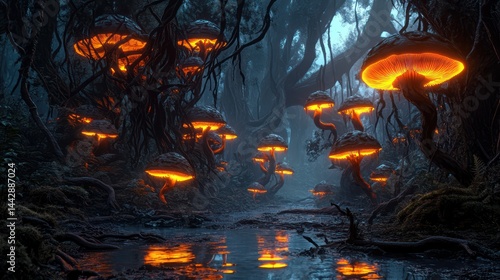 A dark and haunting forest where glowing mushrooms pulse with eerie neon light