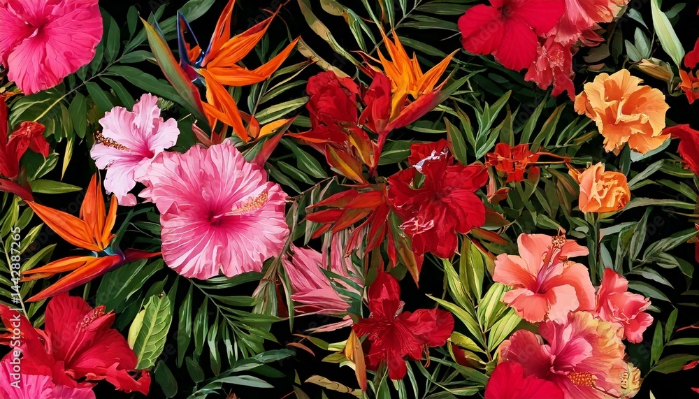 Seamless pattern flora pink Oleander,red Heliconia rostrata, Colorful Hibiscus flowers and Seamless pattern flora pink Oleander,red Heliconia rostrata, Colorful Hibiscus flowers and