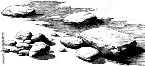 Engraved illustration of icy river scene with frosted rocks for nature design