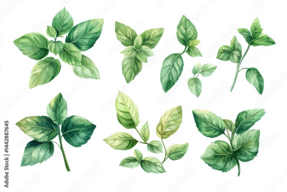 Watercolor illustration of various basil sprigs with lush green leaves on a white background artfully arranged Watercolor illustration of various basil sprigs with lush green leaves on a white background artfully arranged