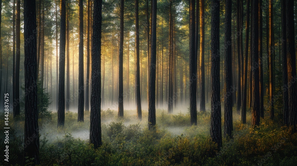 A dense pine forest where early morning light pierces through thick tree trunks A dense pine forest where early morning light pierces through thick tree trunks