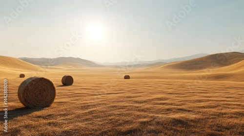 Fototapeta Naklejka Na Ścianę i Meble -  desolate, sunlit plain rolling golden hills, air vibrating intense summer heat, few scattered hay bales breaking expanse, shadows